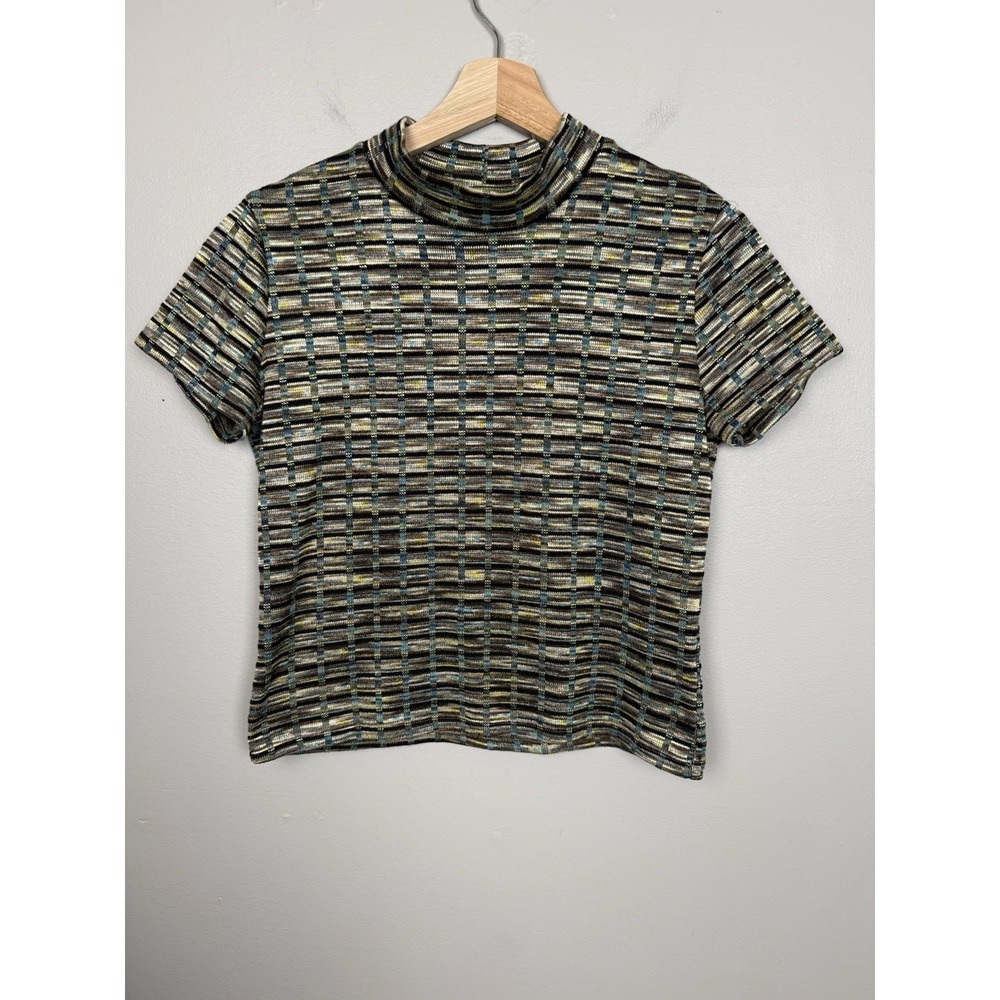 Zara Short‎ Sleeve Geometric Pattern Knit Top Y2K Style Mock Neck Artsy Shirt Lg